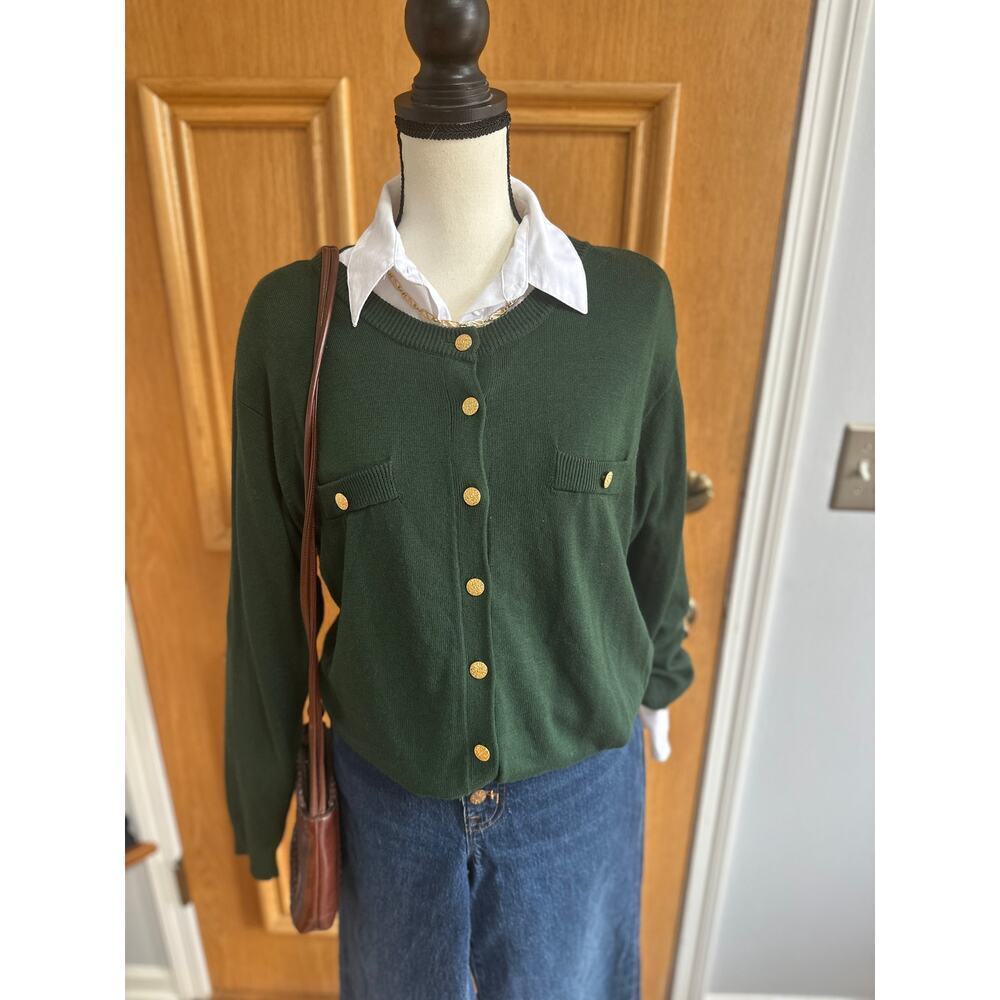 Vintage Women’s Green Cardigan Sweater Gold Button Knit Retro Preppy M